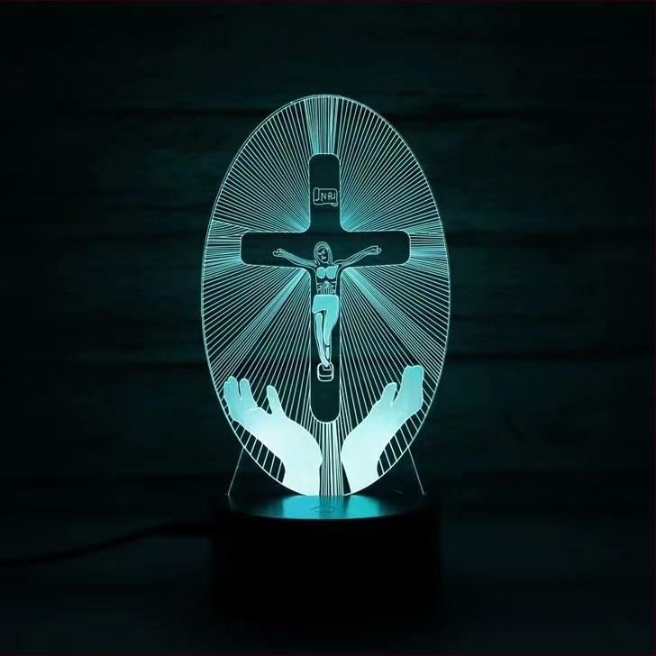 3D kryžiaus formos naktinė lemputė su LED, akrilo gaubtas, maitinimas įkišant į kištuką arba baterijomis, prisilietimo valdymas