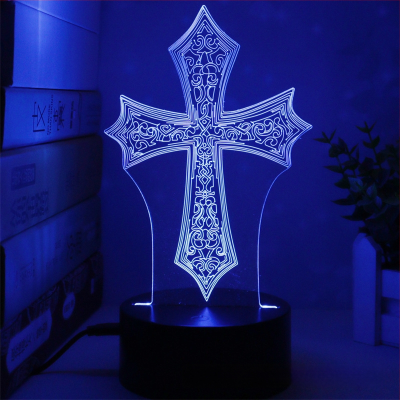3D kryžiaus formos naktinė lemputė su LED, akrilo gaubtas, maitinimas įkišant į kištuką arba baterijomis, prisilietimo valdymas