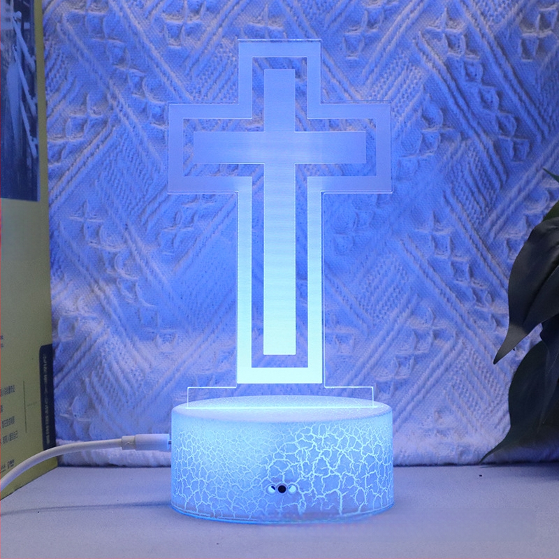 3D kryžiaus formos naktinė lemputė su LED, akrilo gaubtas, maitinimas įkišant į kištuką arba baterijomis, prisilietimo valdymas