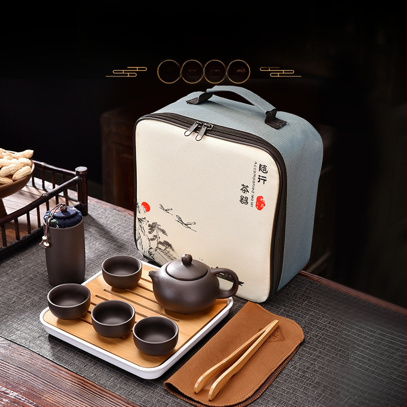 Pārvietojams tējas komplekts no Zisha māla, ceļojumu soma, bambusa paliktnis, pielāgots logo, 3–5 cilvēkiem