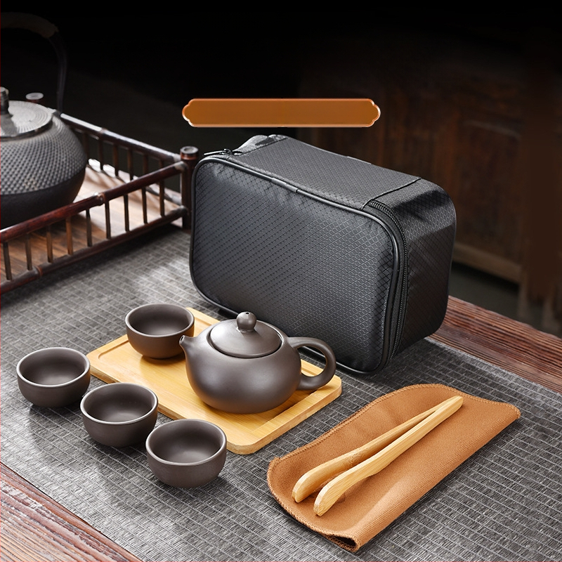 Pārvietojams tējas komplekts no Zisha māla, ceļojumu soma, bambusa paliktnis, pielāgots logo, 3–5 cilvēkiem