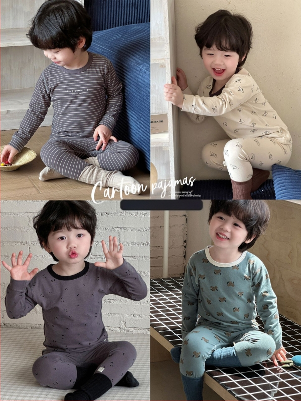 Vaikų pižamų komplektas rudeniui - Lycra medvilnė (93.3% medvilnė), Korėjos stiliaus, 3–8 metų amžiaus, kvėpuojantis ir šiltas, raštai: dryželiai, karikatūros, raidės, gėlės, taškeliai