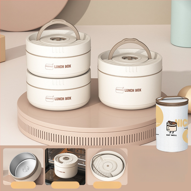 Pusdienu kārba no nerūsējošā tērauda, apaļa, 1–2 L tilpums, daudzslāņu ar vāku, izolēta un mikroviļņu droša