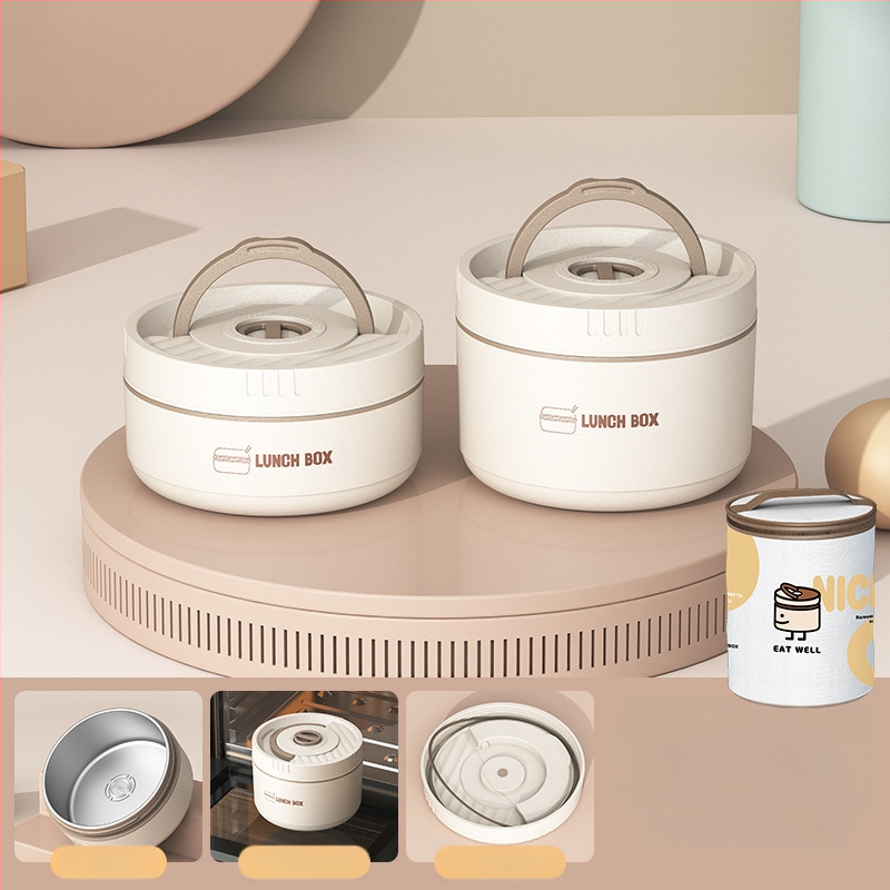 Pusdienu kārba no nerūsējošā tērauda, apaļa, 1–2 L tilpums, daudzslāņu ar vāku, izolēta un mikroviļņu droša