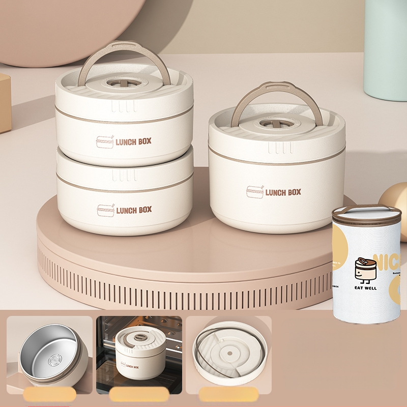 Pusdienu kārba no nerūsējošā tērauda, apaļa, 1–2 L tilpums, daudzslāņu ar vāku, izolēta un mikroviļņu droša