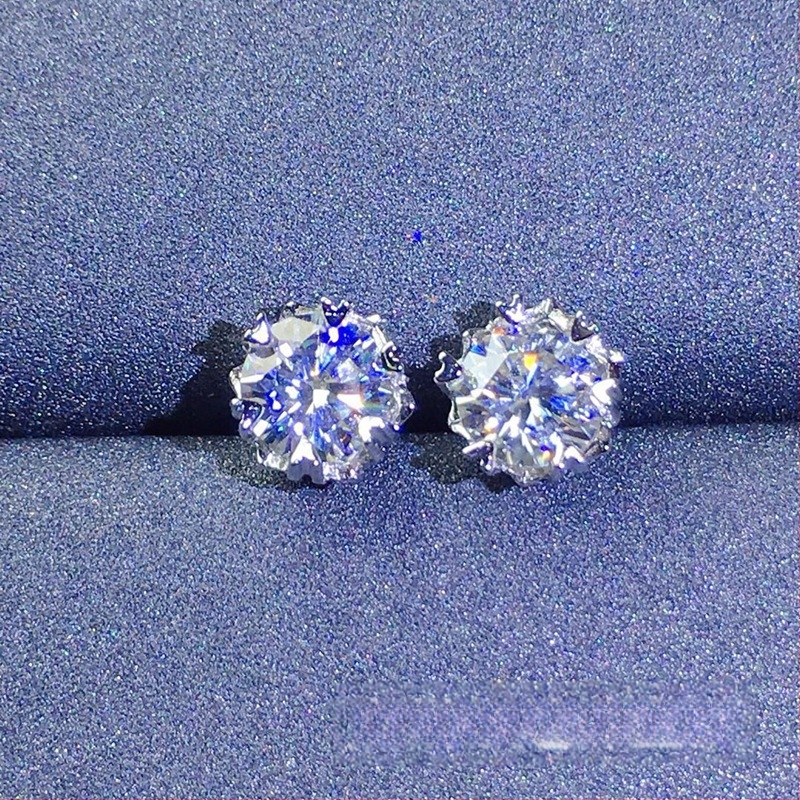 Moissanite auskarai, stud tipo, S925 sidabras, apvalus pjūvis, Eight Hearts and Eight Arrows pjūvis, unisex