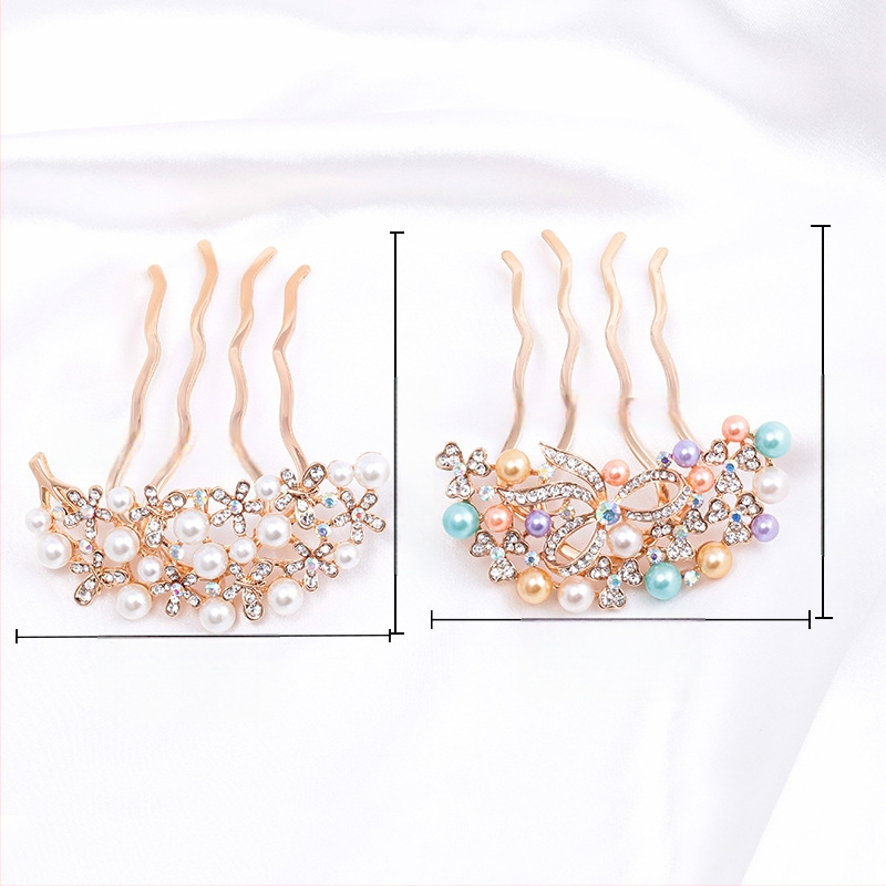 Koreastiilis metallist juuksehaamer nelja hambaga, rhinestones ja imitatsioonpärlitega, naiste juukse aksessuaar lille motiiviga