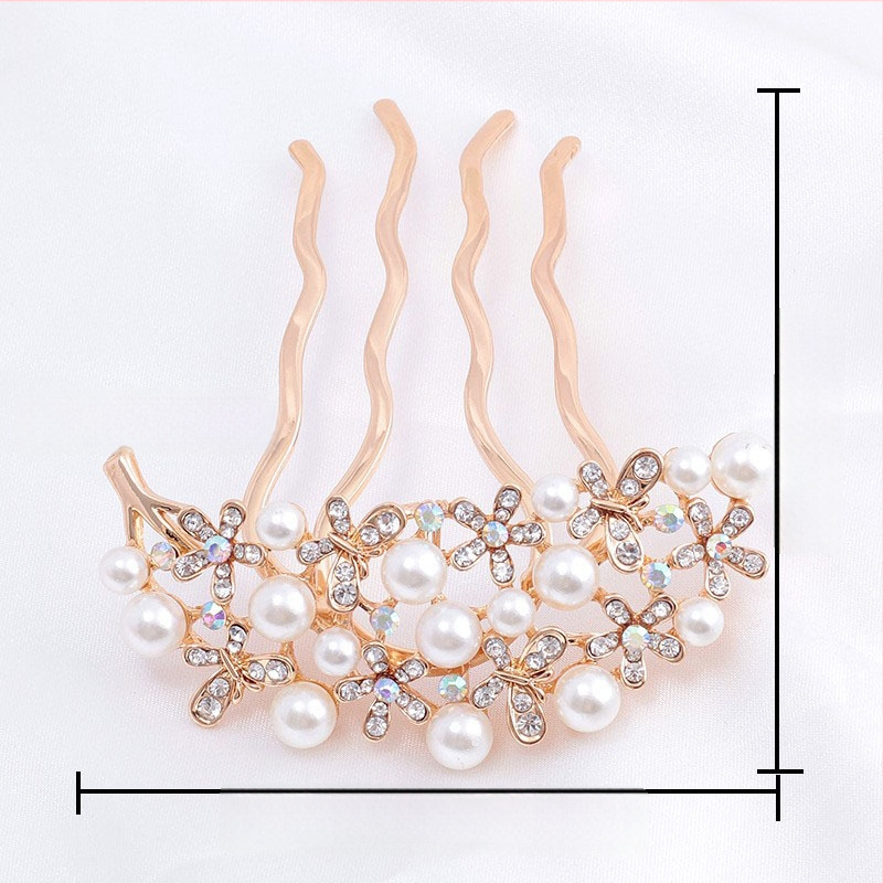 Koreastiilis metallist juuksehaamer nelja hambaga, rhinestones ja imitatsioonpärlitega, naiste juukse aksessuaar lille motiiviga