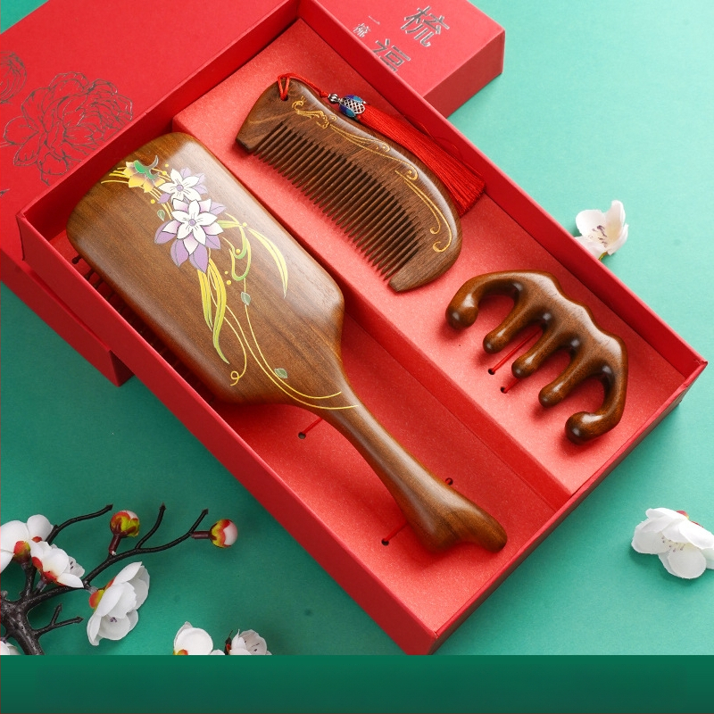 Koka ķemme ar santalkoka koku ar gaisa spilventiļu galvas ādas masāžai dāvanu kastē