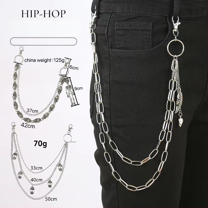 Metāla jostas ķēde biksēm, pank stila ar ģeometrisku slāņošanu un kraniuma motīvu (Materiāls: metāls; Kategorija: jostas ķēde; Sezona: 2025. rudens; Pielāgošana pieejama)