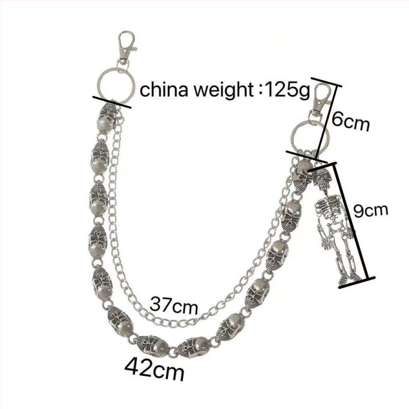 Metāla jostas ķēde biksēm, pank stila ar ģeometrisku slāņošanu un kraniuma motīvu (Materiāls: metāls; Kategorija: jostas ķēde; Sezona: 2025. rudens; Pielāgošana pieejama)