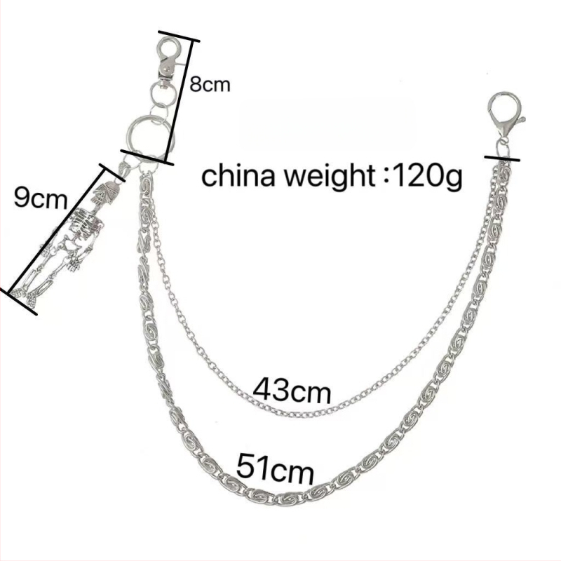 Metāla jostas ķēde biksēm, pank stila ar ģeometrisku slāņošanu un kraniuma motīvu (Materiāls: metāls; Kategorija: jostas ķēde; Sezona: 2025. rudens; Pielāgošana pieejama)