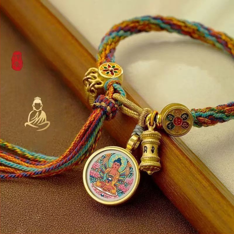 Etno stiliaus rankų darbo unisex apyrankė iš virvės su Thangka motyvu, 2024 m. pavasario leidimas, individualiai supakuota