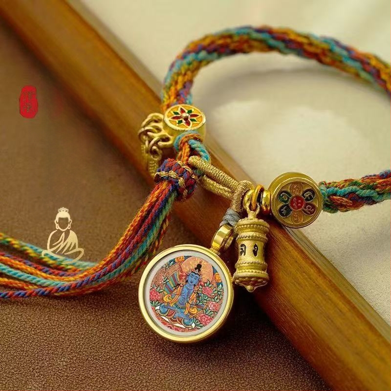 Etno stiliaus rankų darbo unisex apyrankė iš virvės su Thangka motyvu, 2024 m. pavasario leidimas, individualiai supakuota