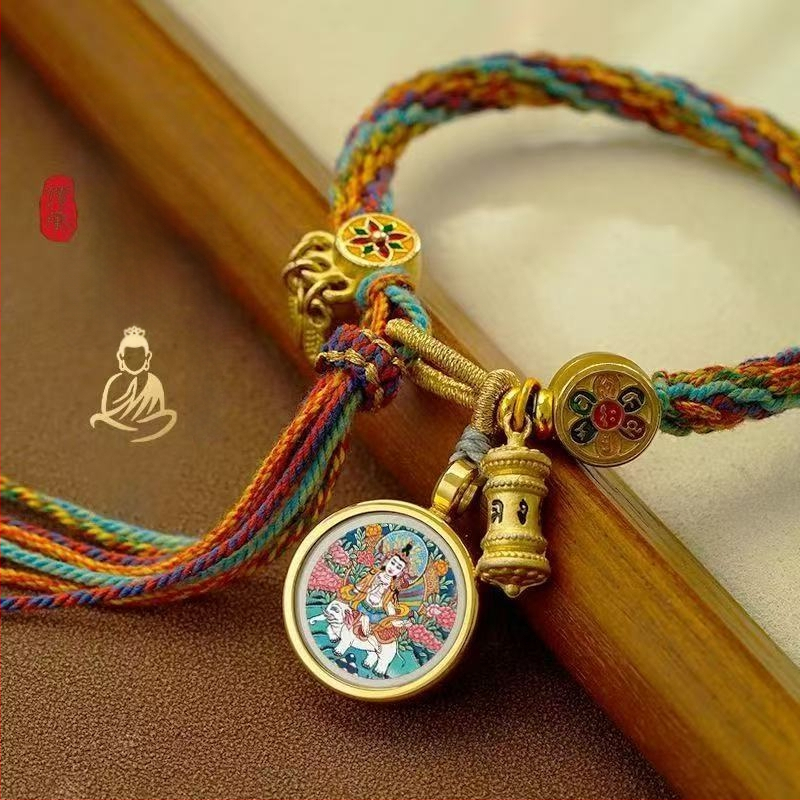 Etno stiliaus rankų darbo unisex apyrankė iš virvės su Thangka motyvu, 2024 m. pavasario leidimas, individualiai supakuota