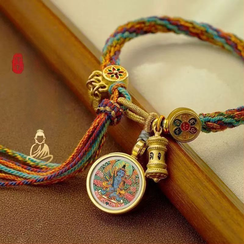 Etno stiliaus rankų darbo unisex apyrankė iš virvės su Thangka motyvu, 2024 m. pavasario leidimas, individualiai supakuota