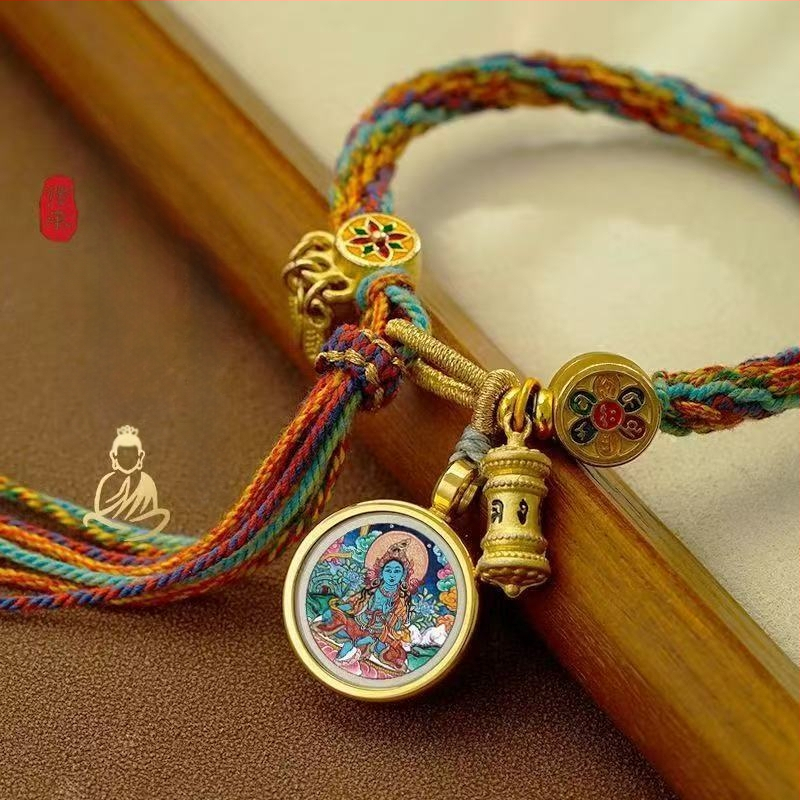 Etno stiliaus rankų darbo unisex apyrankė iš virvės su Thangka motyvu, 2024 m. pavasario leidimas, individualiai supakuota