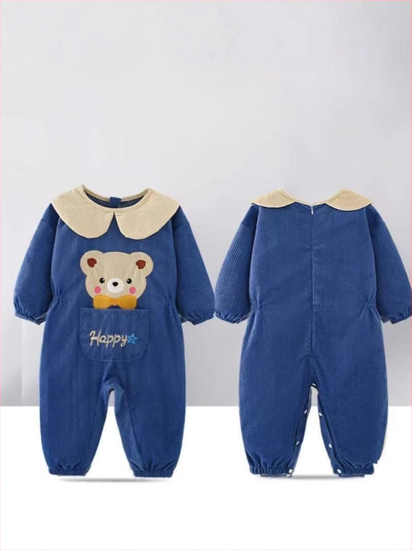 Bērnu rāpošanas kombinezonā ar snapkopām – garas piedurknes, corduroy audums un poliesteris, pavasaris‑rudens‑ziema, 3–8 gadu vecumam