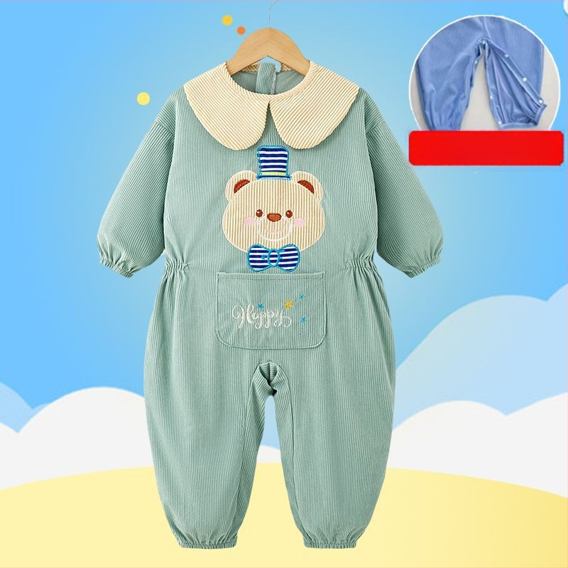 Bērnu rāpošanas kombinezonā ar snapkopām – garas piedurknes, corduroy audums un poliesteris, pavasaris‑rudens‑ziema, 3–8 gadu vecumam