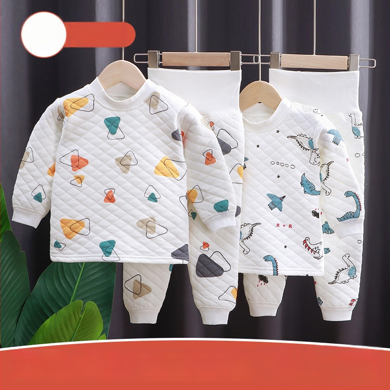 Divdaļīgs bērnu ziemas kokvilnas komplekts ar karikatūras rakstu un augstu jostu vēdera aizsardzībai, vecums 1–3 gadi.