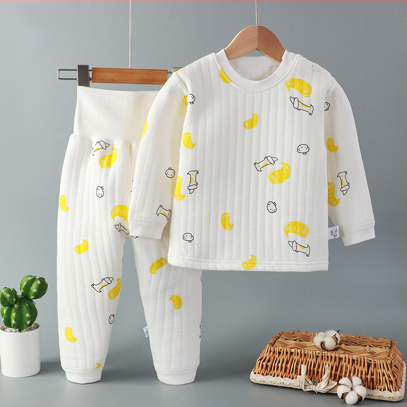 Divdaļīgs bērnu ziemas kokvilnas komplekts ar karikatūras rakstu un augstu jostu vēdera aizsardzībai, vecums 1–3 gadi.