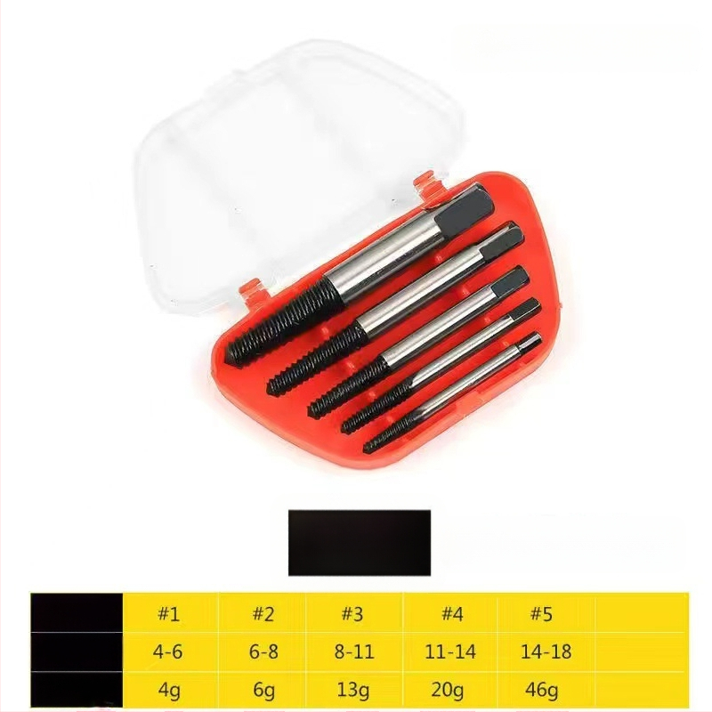 Vannas krānu vītņu remonta komplekts: sabojātas vītnes izvilkējs un vītņu griezējs, augstas oglekļa tērauds, komplekts 1/2/4/5, mājsaimniecības lietošanai, nacionālais standarts, svars 0.6