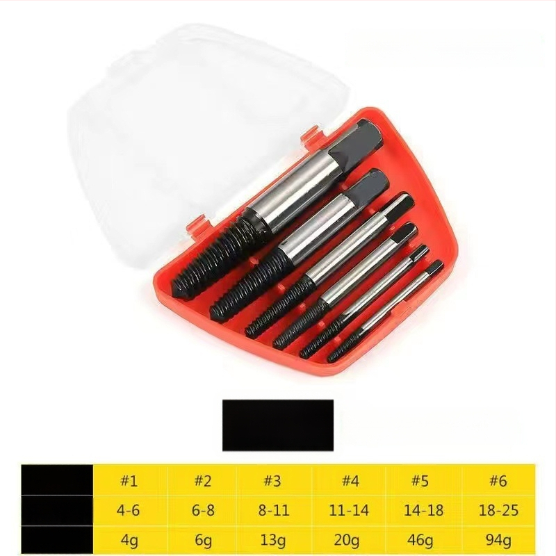 Vannas krānu vītņu remonta komplekts: sabojātas vītnes izvilkējs un vītņu griezējs, augstas oglekļa tērauds, komplekts 1/2/4/5, mājsaimniecības lietošanai, nacionālais standarts, svars 0.6