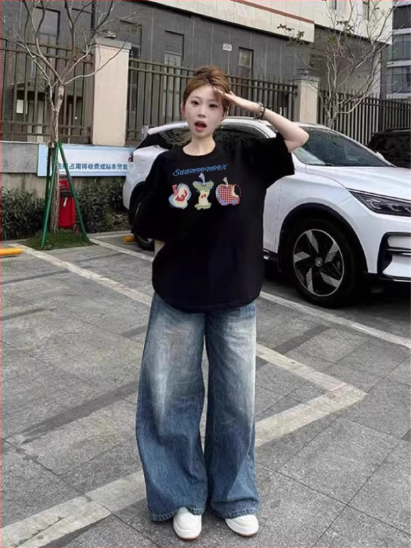 Памучна тениска с къс ръкав за жени, свободен силует, кръгло деколте, принт