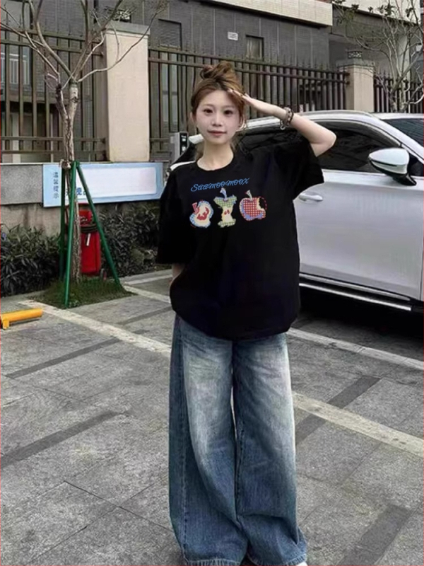 Памучна тениска с къс ръкав за жени, свободен силует, кръгло деколте, принт