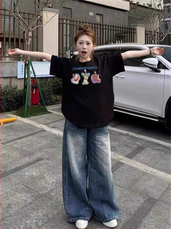 Памучна тениска с къс ръкав за жени, свободен силует, кръгло деколте, принт