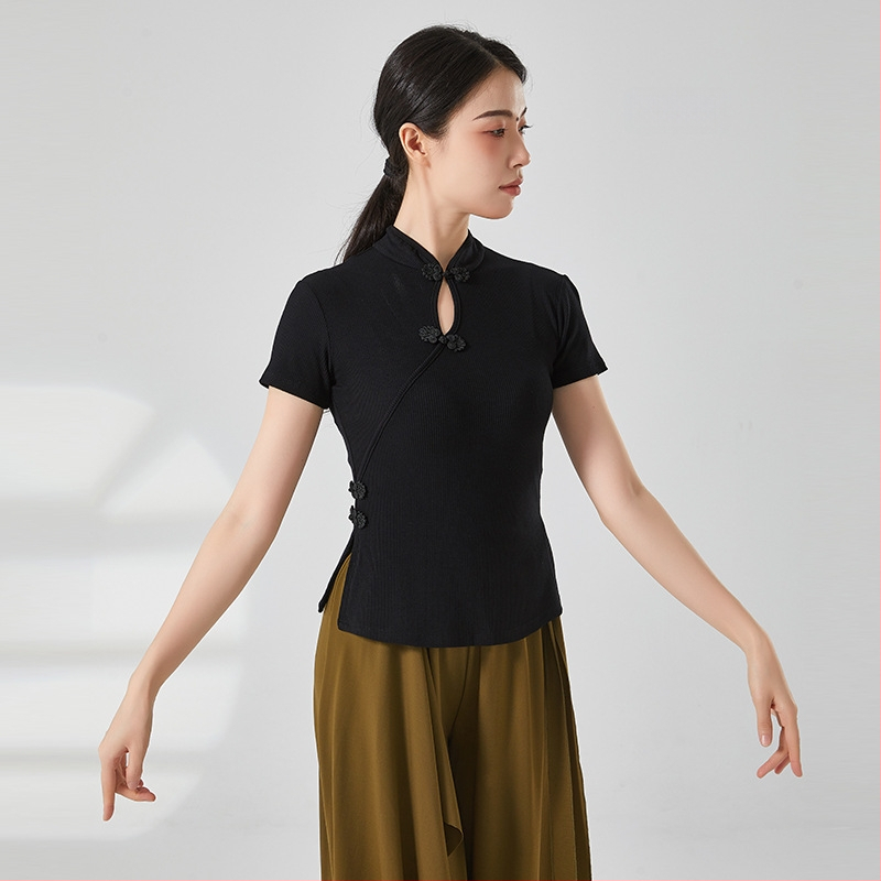 Etniska deju topa ar ribētā adījuma viskozes audumu, pieaugušai sievietei, garas piedurknes, kakla stils cheongsama