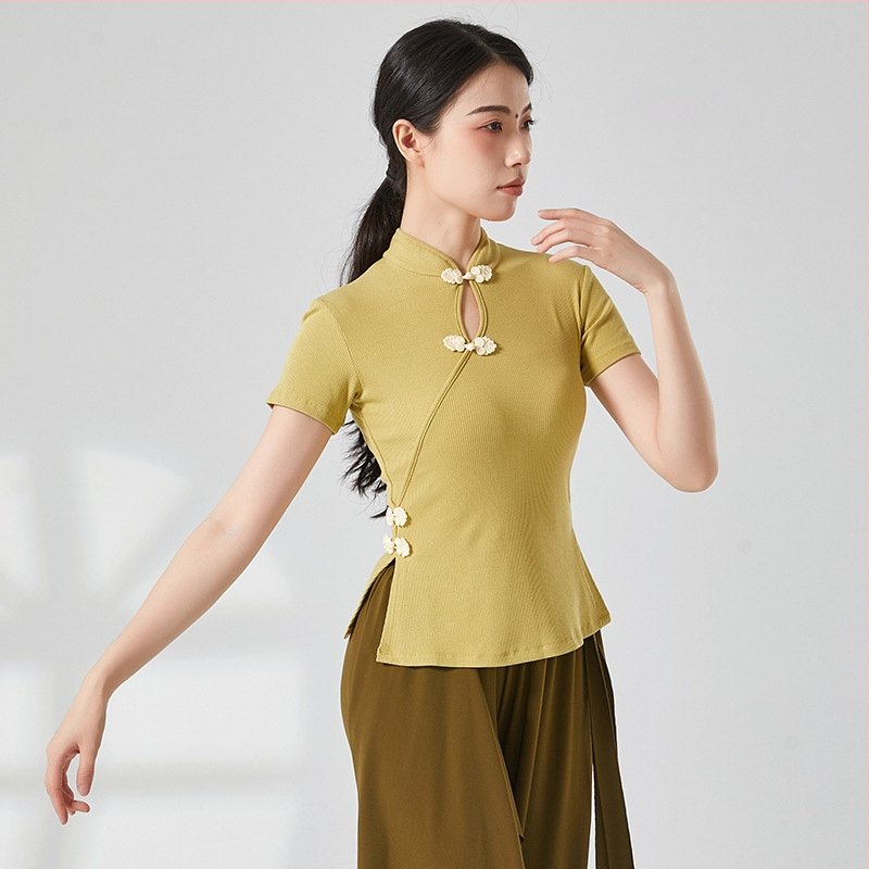 Etniska deju topa ar ribētā adījuma viskozes audumu, pieaugušai sievietei, garas piedurknes, kakla stils cheongsama