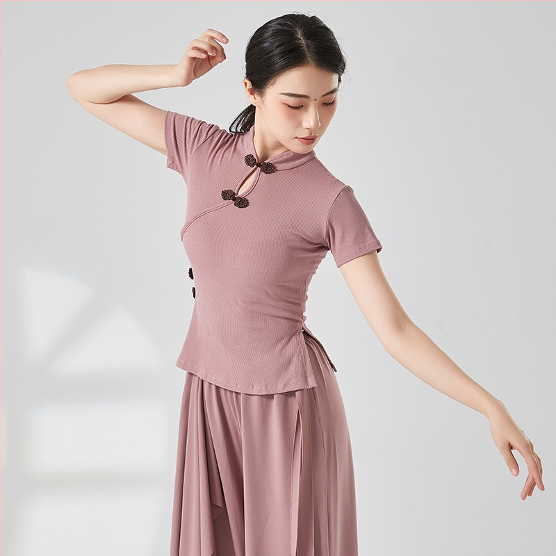 Etniska deju topa ar ribētā adījuma viskozes audumu, pieaugušai sievietei, garas piedurknes, kakla stils cheongsama