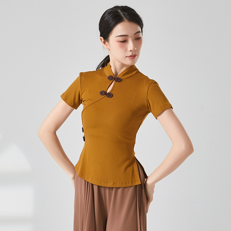 Etniska deju topa ar ribētā adījuma viskozes audumu, pieaugušai sievietei, garas piedurknes, kakla stils cheongsama