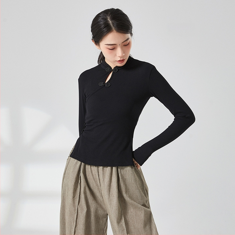 Etniska deju topa ar ribētā adījuma viskozes audumu, pieaugušai sievietei, garas piedurknes, kakla stils cheongsama