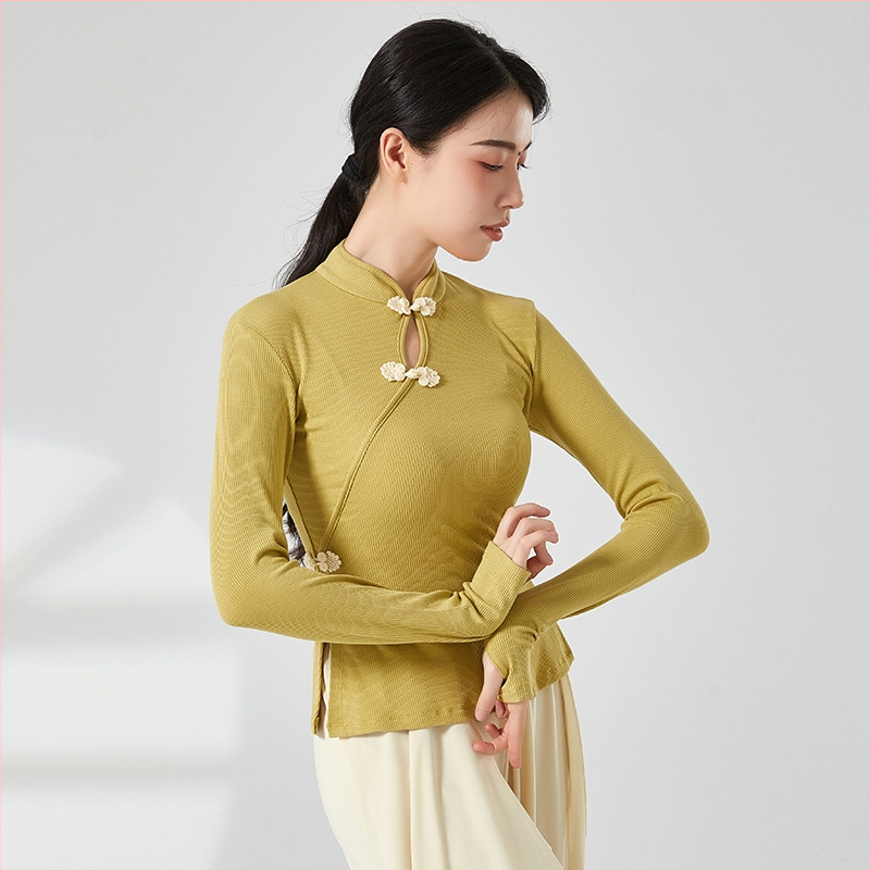 Etniska deju topa ar ribētā adījuma viskozes audumu, pieaugušai sievietei, garas piedurknes, kakla stils cheongsama