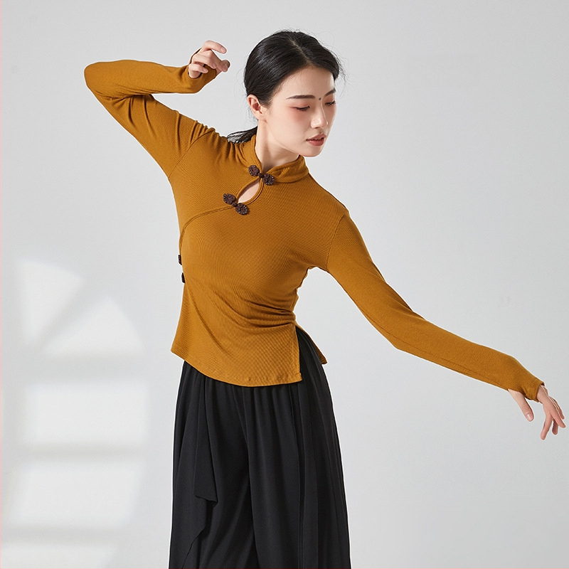 Etniska deju topa ar ribētā adījuma viskozes audumu, pieaugušai sievietei, garas piedurknes, kakla stils cheongsama