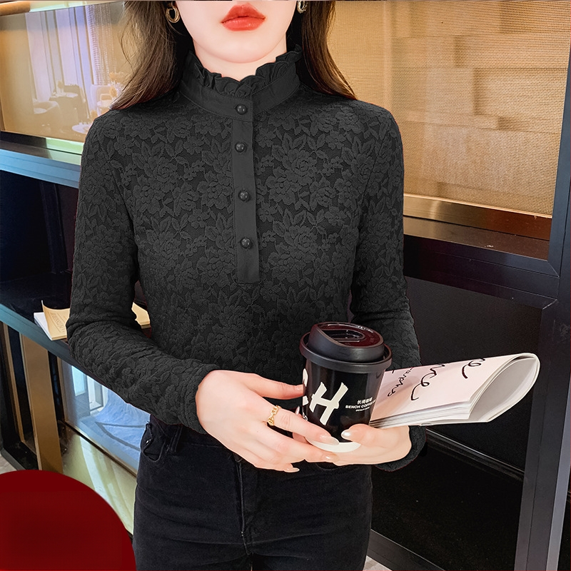 Plus dydžio aukšto kaklo nėrinių bazinis topas su fliso įdaila, ilgos rankovės, rudens–žiemos sezonui