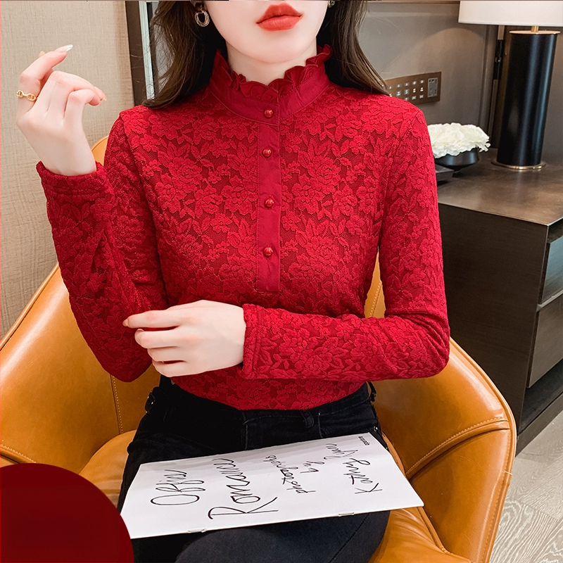 Plus dydžio aukšto kaklo nėrinių bazinis topas su fliso įdaila, ilgos rankovės, rudens–žiemos sezonui