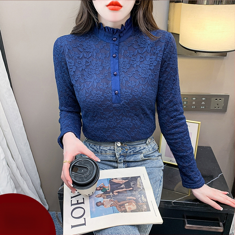 Plus dydžio aukšto kaklo nėrinių bazinis topas su fliso įdaila, ilgos rankovės, rudens–žiemos sezonui