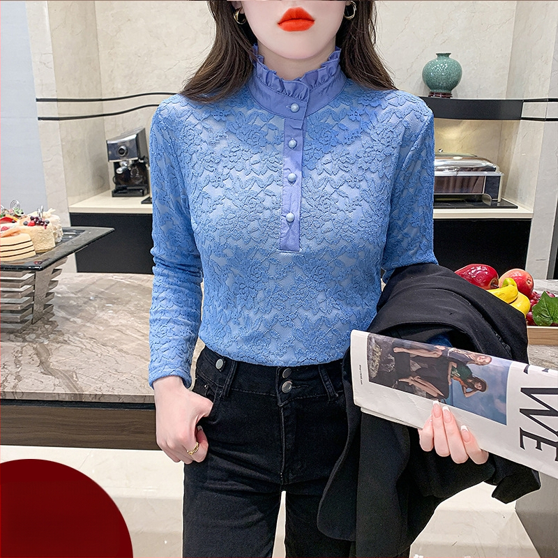 Plus dydžio aukšto kaklo nėrinių bazinis topas su fliso įdaila, ilgos rankovės, rudens–žiemos sezonui