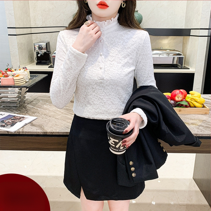 Plus dydžio aukšto kaklo nėrinių bazinis topas su fliso įdaila, ilgos rankovės, rudens–žiemos sezonui