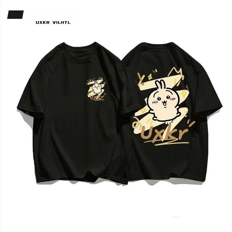 Памучна тениска с кръгло деколте, къс ръкав, аниме принт, ежедневен стил