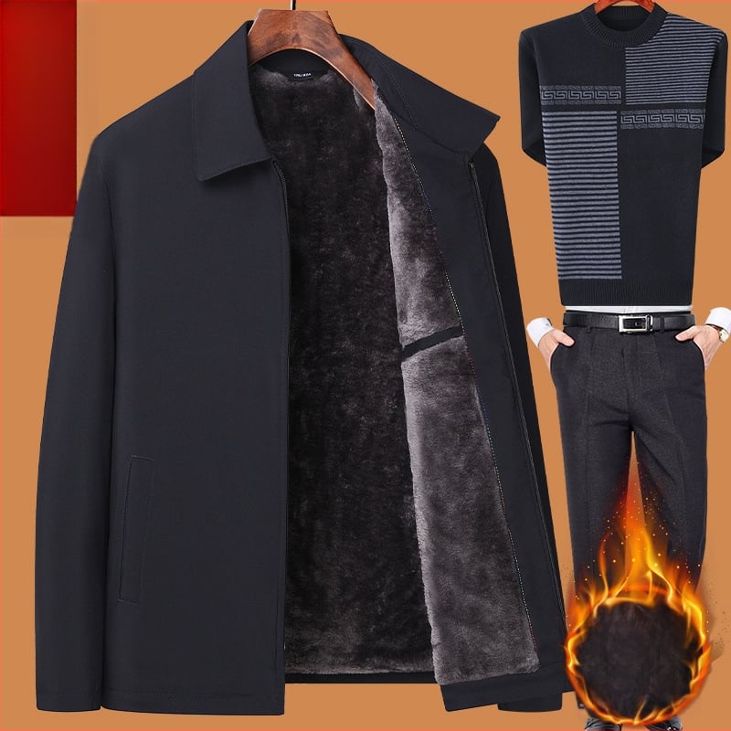 Téli pamut kabát fleece béléssel, vastított kivitel; elülső cipzár; rever gallér; középmagas hossz; idős férfiak számára