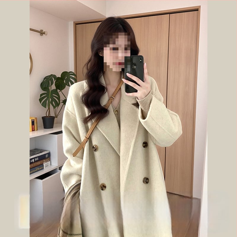 Palton din lână, lungime medie, închidere cu nasturi dubli, gros, stil japonez-coreean casual