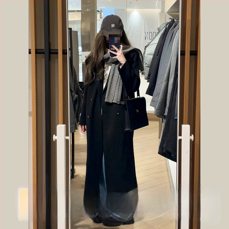 Palton din lână, lungime medie, închidere cu nasturi dubli, gros, stil japonez-coreean casual