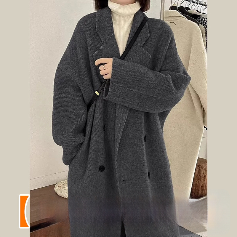 Palton din lână, lungime medie, închidere cu nasturi dubli, gros, stil japonez-coreean casual