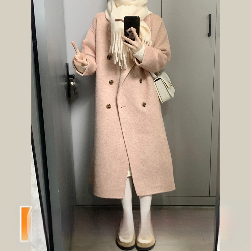 Palton din lână, lungime medie, închidere cu nasturi dubli, gros, stil japonez-coreean casual