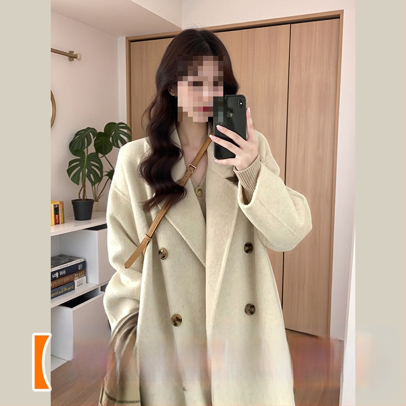 Palton din lână, lungime medie, închidere cu nasturi dubli, gros, stil japonez-coreean casual