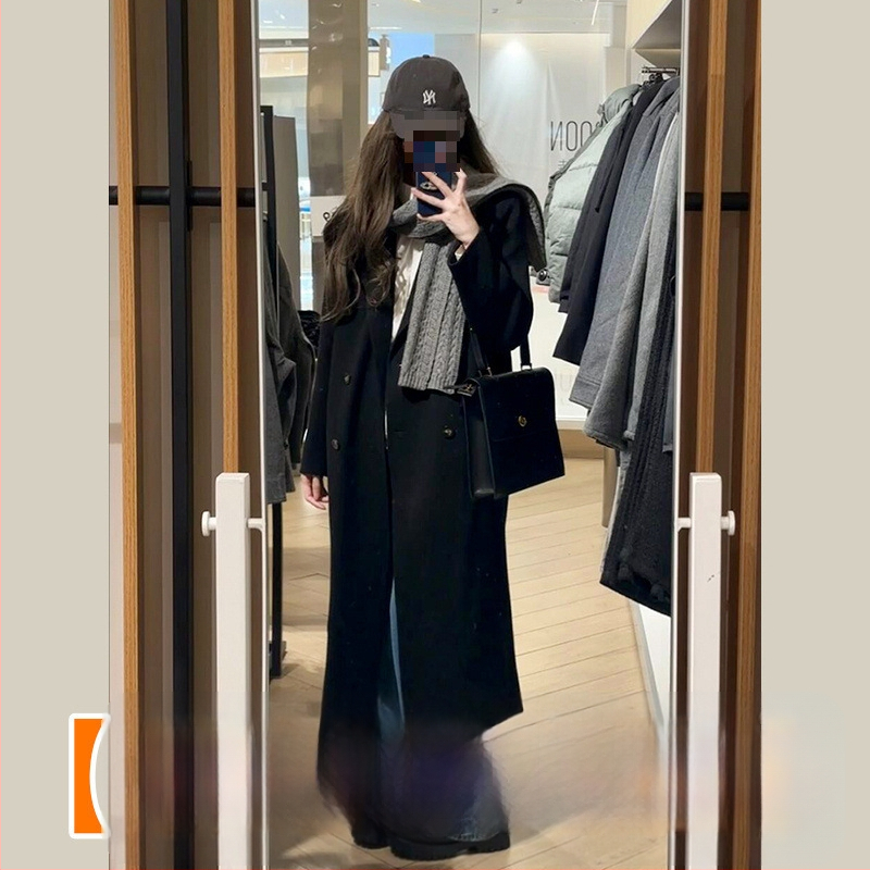 Palton din lână, lungime medie, închidere cu nasturi dubli, gros, stil japonez-coreean casual